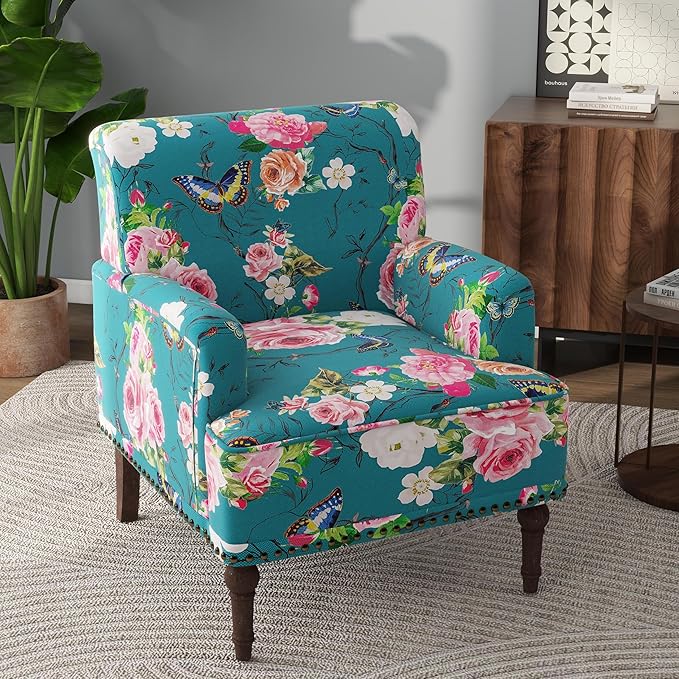 Lumibee Modern Accent Chair with Arms,Mid Century Stripe Armchair for Living Room,Comfy Linen Fabric Single Sofa for Apartment Bedroom,Comfortable Cushioned Seat for Reading Home Office-Floral