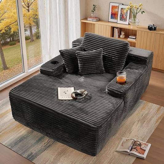 Chaise Lounge Chair Indoor, 67" Oversized Comfy Plush Fur Sleeper Sofa Bed with Cup Holders and Wide Armrests, Boneless Upholstered Recliner Bed, Modern Cloud Couch for Living Room, Grey