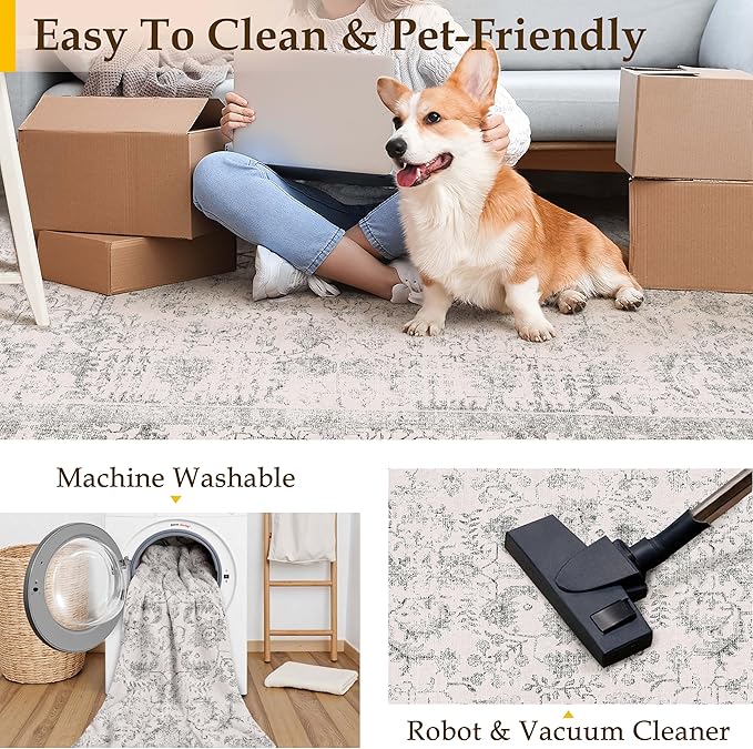 Gray Area Rug 10x14 Machine Washable Large Vintage Living Room Distressed Non Slip Carpet Traditional Indoor Bedroom Grey Retro Floral Accent Throw Rug for Office Kitchen Dining Room