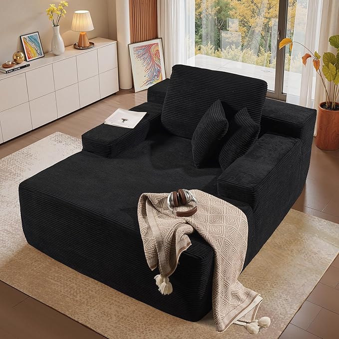 Chaise Lounge Chair Indoor, 67" Oversized Comfy Corduroy Sleeper Sofa Bed, Boneless Upholstered Recliner Bed with Pillows and Wide Armrests, Modern Cloud Couch for Living Room, Black