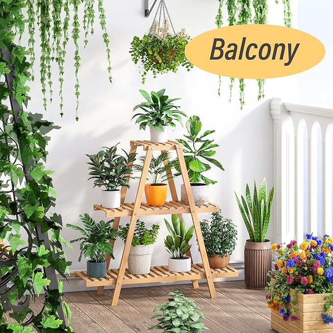 Bamboo Plant Stand - Indoor/Outdoor 3 Tier Plant Ladder, 8 Potted Flower Holder, Natural