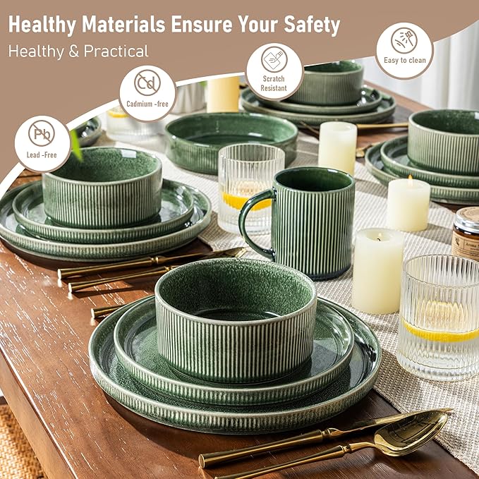 GBHOME Stoneware Dinnerware Sets for 8,Round Reactive Glaze Ceramic Plates and Bowls Set,Highly Scratch Resistant | Dishwasher & Microwave Safe Dishes Set,Service for 8(24Pcs)