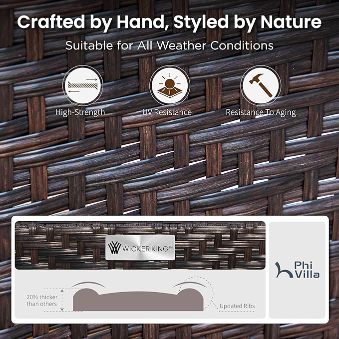 PHI VILLA Outdoor Wicker Chairs Sofa of 2, All Weather High Back Rattan Chairs 2 Seats with Comfy Cushions for Porch Deck