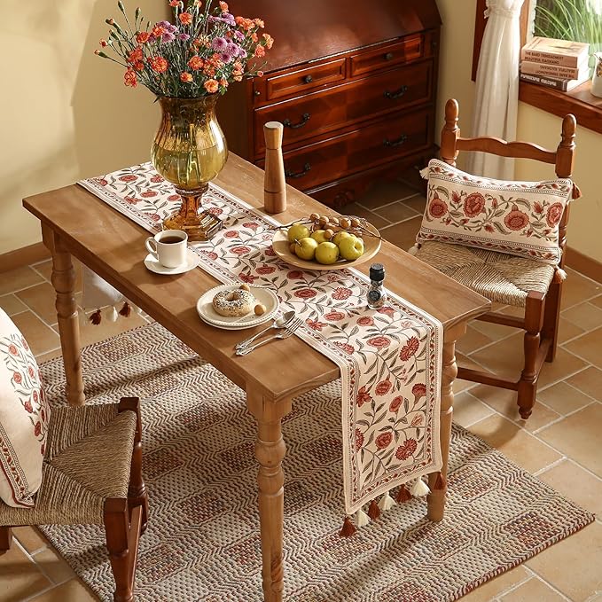 ISAENNE Designer Elegant Linen Table Runner 118 Inches Extra Long,Vintage Orange Floral Pattern Table Runners for Dining Tables,Kitchen Decor,Thanksgiving,Christmas,Banquet,12"*118"-Alvarado A