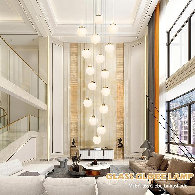 KoKo&Yukina 16-Light Gold Mid Century Modern Chandelier for Living Room Staircase Chandelier for Entryway Globe Milky White Glass Pendant Light High Ceiling Chandeliers Foyer (Bulb & Remote Incl.)