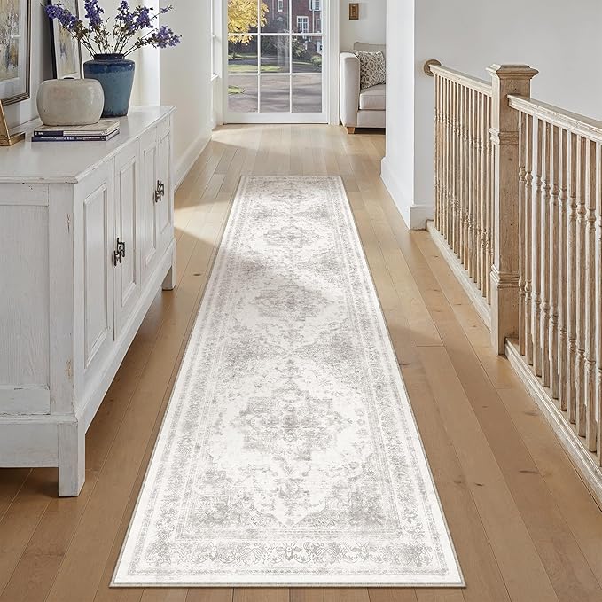 Runner Rug 3x8 Washable Light Gray Hallway Runner Vintage Boho Medallion Non Slip Grey Distressed Retro Carpet Indoor Low Pile Long Soft Rug for Kitchen Entryway Bedroom Bathroom Laundry