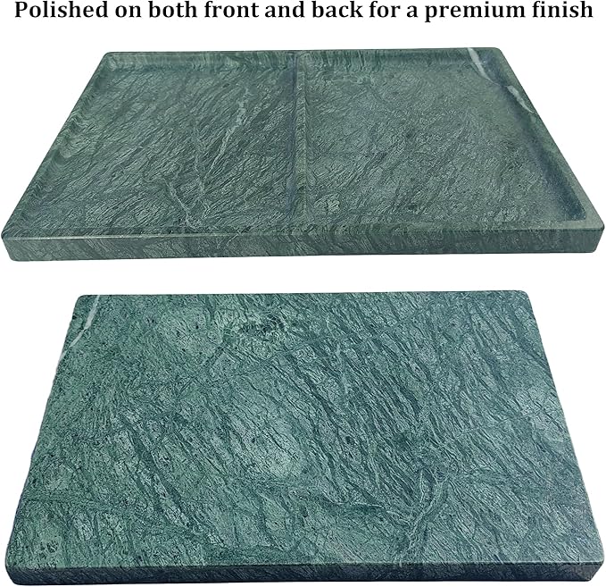 11.81"x7.87" Marble Decorative Tray with 2 Compartments – Catchall Organizer for Jewelry, Soap, Cosmetics – Polished Green Stone Vanity Tray for Bathroom, Dresser, Entryway, Office Decor