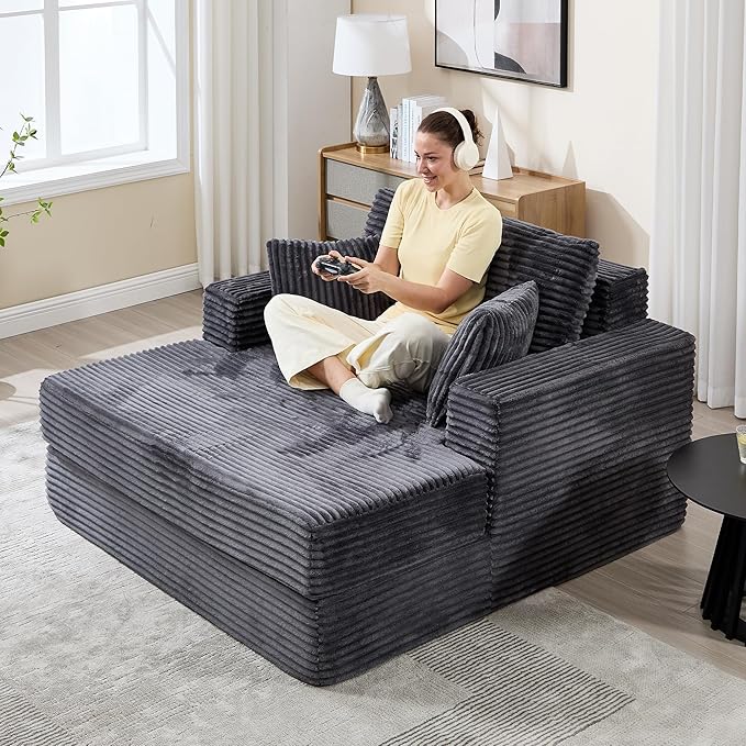 59" Chaise Lounge Chair Indoor - Oversized Comfy Corduroy Upholstered Sleeper Sofa with 4 Pillows & Armrests, Deep Seat Reading Chair Couch for Living Room, No Assembly Required - Dark Gray