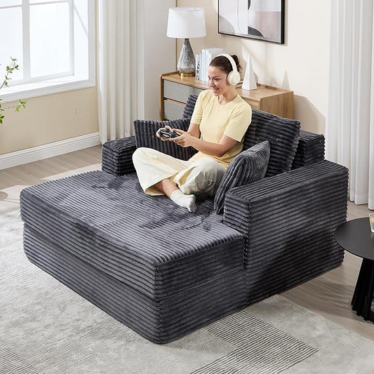 59" Chaise Lounge Chair Indoor - Oversized Comfy Corduroy Upholstered Sleeper Sofa with 4 Pillows & Armrests, Deep Seat Reading Chair Couch for Living Room, No Assembly Required - Dark Gray