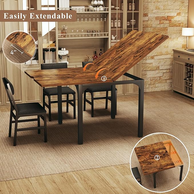 7-Piece Dining Table Set for 4-6, Extendable Kitchen Table Cushion Chairs Set of 6 with 6 Chairs, Rectangle Dining Table with Metal Frame & MDF Board, Folding for Small Apartment Saving Space, Rustic