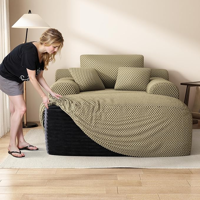 67" Oversized Chaise Lounge Chair with Cover, Comfy Sleeper Sofa Bed, Black Plush Corduory Couch for Living Room,Sofa in A Box,No Assembly Required (Breathable Khaki Cover).