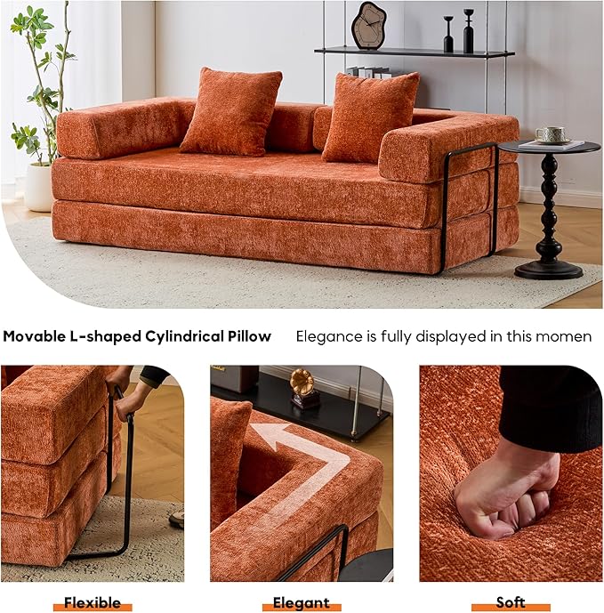 Convertible Floor Sofa Bed with Fixed-Shape Frame, Modular Chenille Folding Mattress Couch with Armrest, Floor Sofa Lounge Couch for Living Room Bedroom Lounge Studio,Burnt Orange