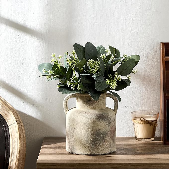 Antique Ceramic Vase with 2 Handles, 6.1 Inch Farmhouse Rustic Flower Vase, Small Vintage Terra Cotta Vases for Home Decor, Wedding, Living Room, Table, Shelf Decor, Neutral