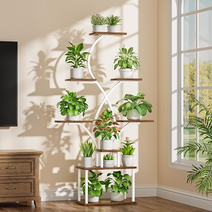 Plant Stand Indoor with Grow Lights - 62" Tall Plant Shelf Indoor, Lighted Corner Plant Stands for Indoor Plants, 8 Tiered Flower Spike-Shaped Rack for Living Room, Patio, Balcony Decor（White)