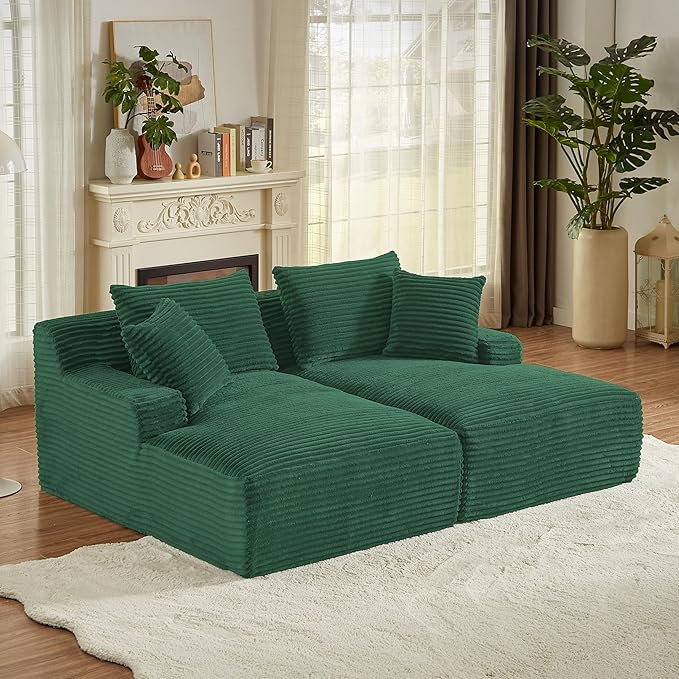 Oversized Double Chaise Lounge, Corduroy Boneless Couch, Modern Oversized Chaise Lounge, Upholstered Sleeper Sectional Sofa Daybed with Throw Pillows and Armrest for Living Room, Green