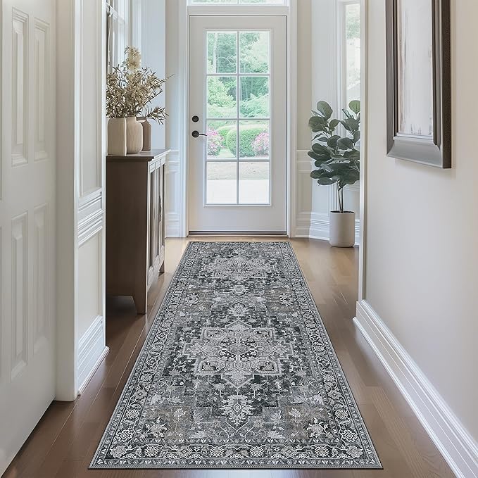 GENIMO 2'6''x12 Runner Rugs for Hallway, Machine Washable Non Slip Vintage Rugs, Low Pile Lightweight Soft Print Rug for enrtyway, Corridor, Home Office, Kitchen,Dark Gray