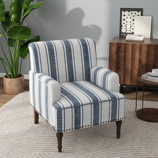 Modern Accent Chair with Arms,Mid Century Stripe Armchair for Living Room,Comfy Linen Fabric Single Sofa for Apartment Bedroom,Comfortable Cushioned Seat for Reading Home Office-Dark Blue Stripe