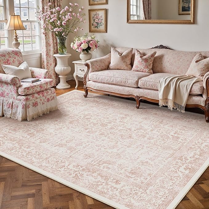 Pink Area Rug 4x6 Office Entryway Rug Machine Washable Kitchen Vintage Distressed Non Slip Carpet Indoor Retro Floral Accent Throw Door Mat for Bathroom Bedroom Dining Living Room