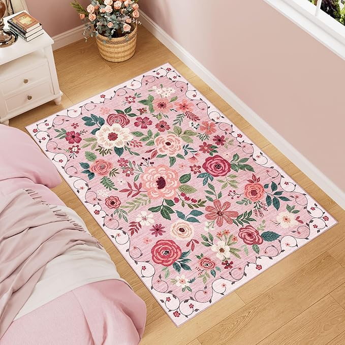 DUKINO 3x5 Area Rug, Floral Rugs for Living Room, Lightweight Non Slip Washable Rug, Indoor Low Pile & Non-Shedding Boho Design Rugs for Bedroom, Living Room, Dining Room, Pink
