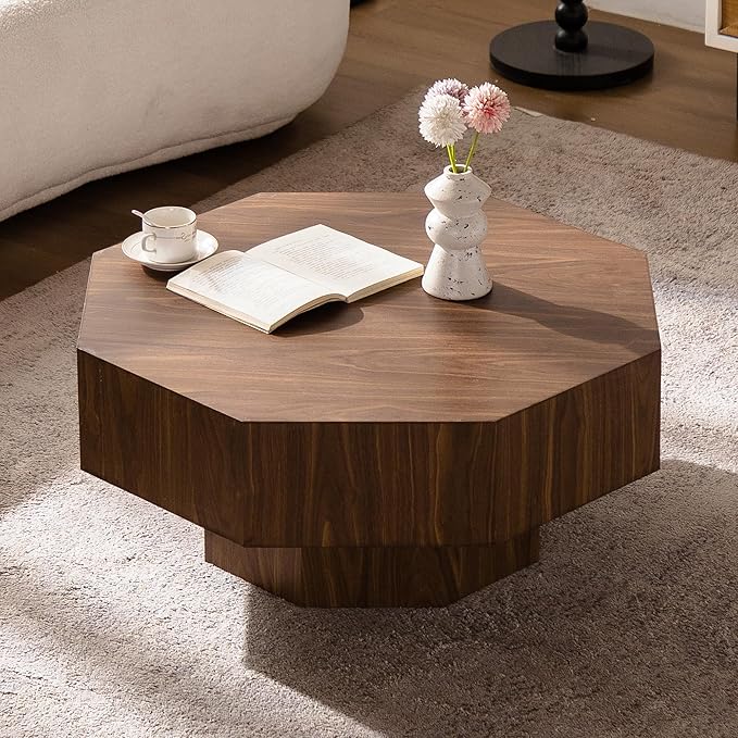 31.51" Coffee Table, Mid Century Modern Accent Coffee Tables, Octagonal-Shaped Wooden Centre End Table for Living Room Home Furniture - Walnut