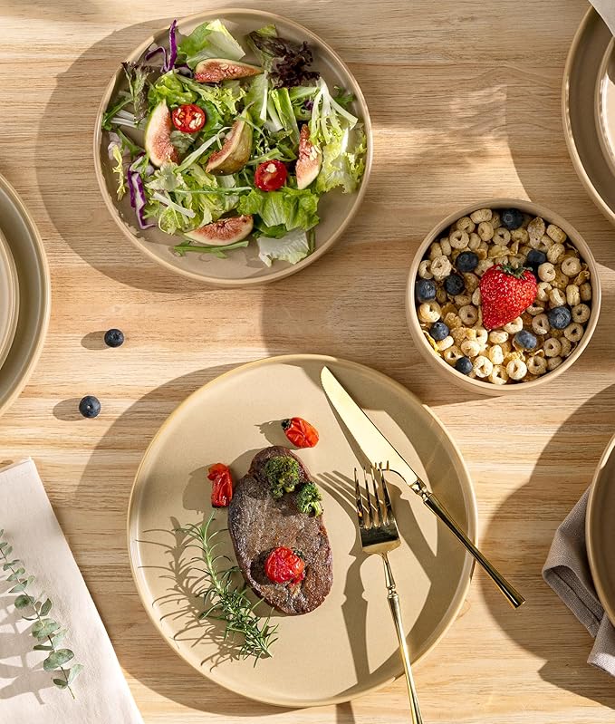 TheTerra Ceramic Dinnerware Sets for 4, 12 Pieces Handmade Reactive Glaze Plates and Bowls Set, Scratch Resistant Dish Set, Oven & Microwave & Dishwasher Safe, Ivory Cream