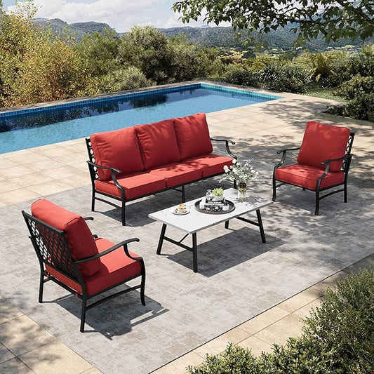 HERA'S HOUSE 4 Piece Patio Furniture Set, 2 x Metal Frame Cushioned Chair, 3-Seat Sofa with Marbling Coffee Table, All Weahter Outdoor Conversation Set for Lawn Garden Backyard, Red