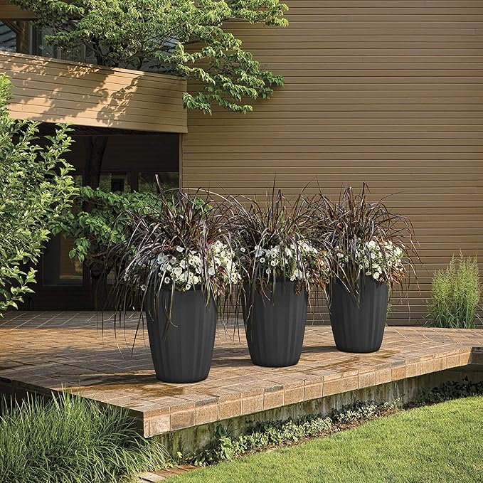 Crescent Garden Pleat Modern Decorative Planter, Indoor/Outdoor Pot, Resin Planter with Drain Hole - 19" W x 19" H (Bark)