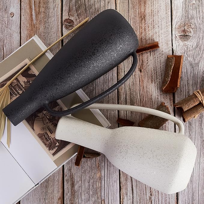 BlossoME Ceramic White Vase 12 inch Tall with Handle Matte Glazed Pottery Vessel Rustic Stoneware Table Decor Neutral Clay Jug Centerpiece Slender Shelf Book Pitcher Decor Flower Vessel