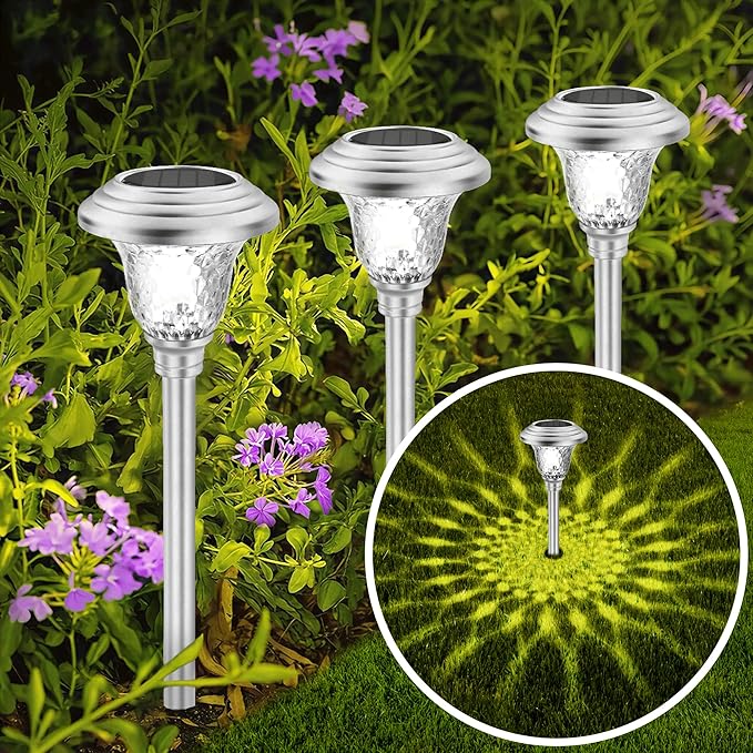 Beau Jardin 4 Pack Solar Pathway Lights Outdoor Stainless Steel Lights Solar Powered Waterproof Glass High Lumen Garden Landscape Path Yard Walkway Driveway Outside Color Changing Cool White Silver