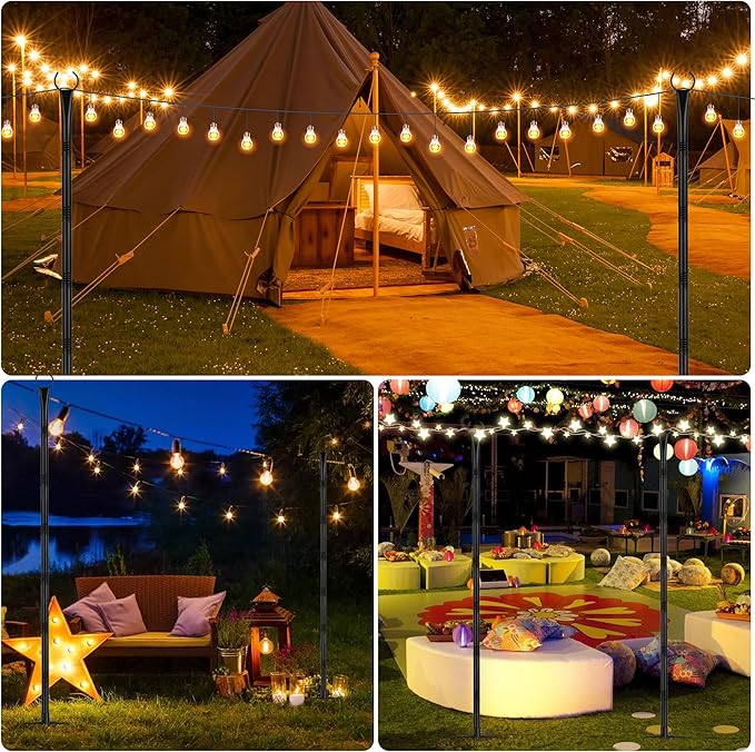 Suchtale 8.5FT Poles for String Lights with Forks, 4 Pack Metal Stands with Hooks & 5-Prong Base for Garden, Patio, Fence, Deck, Backyard, Wedding, Black, Built for Tough Environments