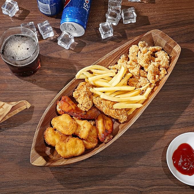 Lucky Boat Serving Tray, Acacia Solid Wood Boat Shape Plate for Serving Desserts, Fruit, Snack and Seafood or House Ornament,Key Tray,Functional and Storage Decorative Bowl。 (L)