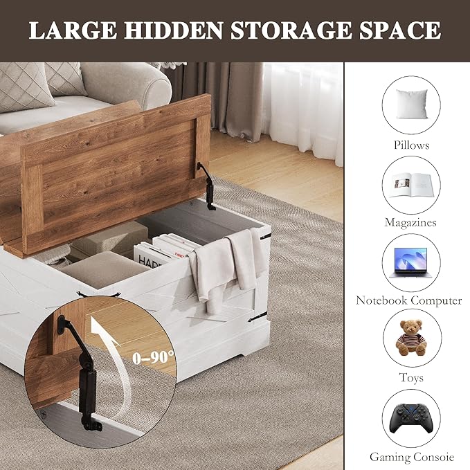 Farmhouse Coffee Table with Hidden Storage, White Square Coffee Table for Living Room, Wood Large Center Table with Hinged Lift Top for Home, Office