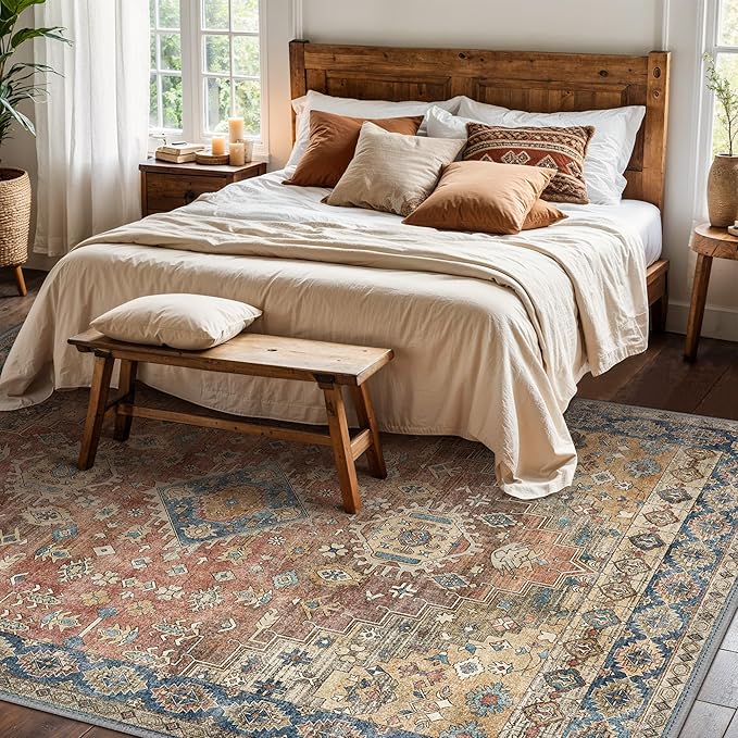 GENIMO 8x10 Area Rugs for Living Room, Machine Washable Non Slip Vintage Rugs, Low Pile Lightweight Chenille Print Rug for Bedroom, Dining Room, Home Office, Antique Red