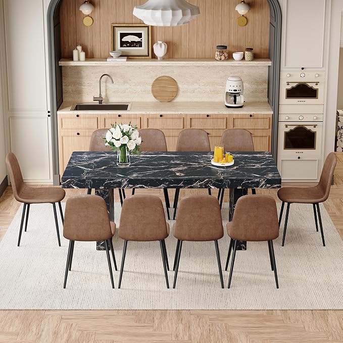 79" Marble Dining Table Set｜Modern Dining Table Set with 10 Suede Chairs｜Engineered Wood with Marble Pattern Tabletop｜Widened and Stable Tablelegs｜Easy Assembly