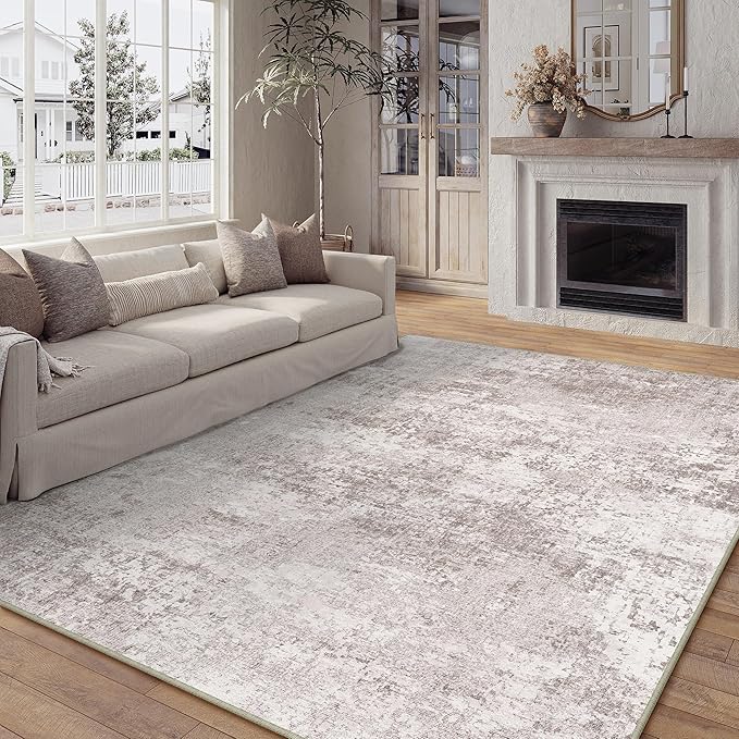 Washable Beige Area Rug 8x10 Modern Abstract Living Room Large Carpet Bedroom Neutral Soft Throw Rug Low Pile Non Slip Indoor Contemporary Floor Cover for Dining Room Office