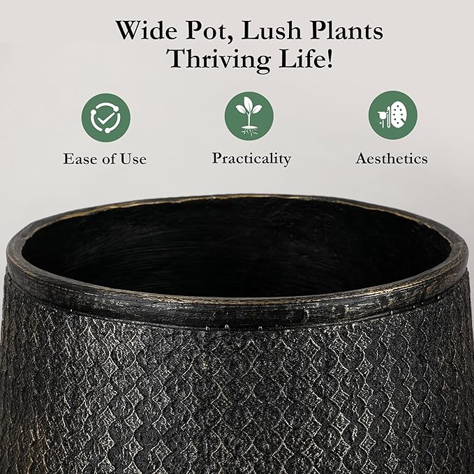 Worth Garden 12" Dia x 15" H Round Planter – Lightweight Magnesium Oxide Cement Plant Pot with Texture – Raised Pattern Concrete Look – Drainage Hole – Indoor & Outdoor Use - Black Gold