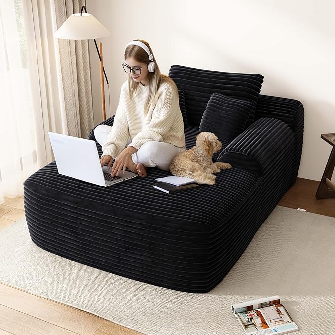 67" Oversized Chaise Lounge Chair Indoor, Comfy Sleeper Sofa Bed, Black Plush Corduory Couch for Living Room Bedroom,Sofa in A Box,No Assembly Required.