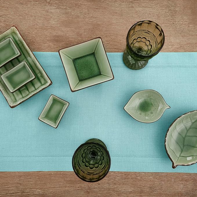 Solino Home Linen Aqua Blue Table Runner 36 Inches - Classic Hemstitch, 100% Pure Linen Coffee Table Runner 14 x 36 Inch Ideal for Dresser Tables