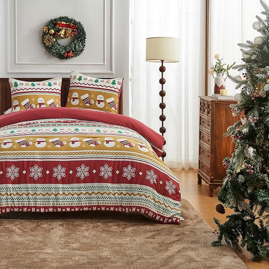Bonlino Christmas Queen Comforter Set - 4 Pieces Christmas Fluffy Bedding Sets, Farmhouse Queen Size Bed with Boho Lightweight Bedding Xmas Red Striped Comforter Set