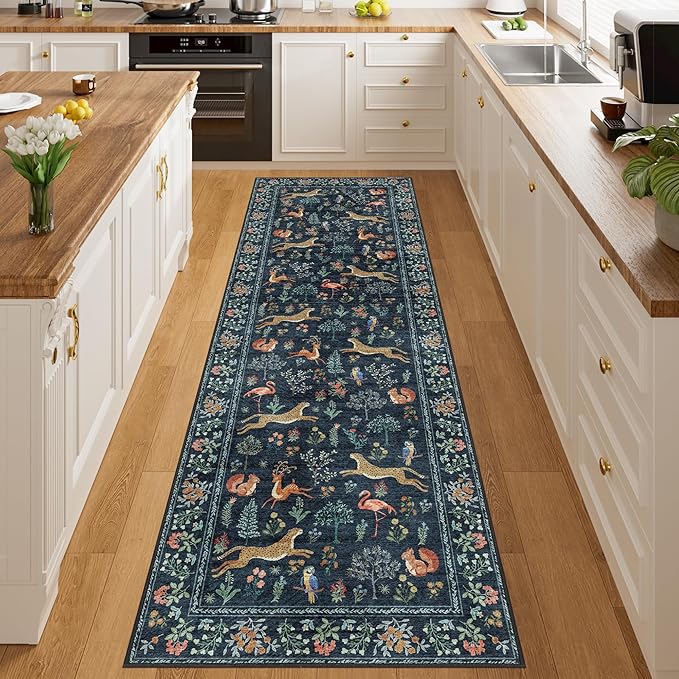 DUKINO 2.6x8 Rug for Hallway, Washable Kitchen Runner Rug with Non Slip Backing, Soft Low Pile Vintage Animal Runner for Bedroom, Kitchen, Hallway, Entryway, Laundry, Navy Blue