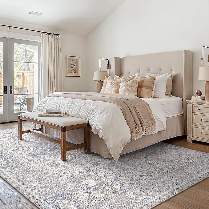 GENIMO 9x12 Area Rugs for Living Room, Machine Washable Non Slip Vintage Retro Rugs, Low Pile Lightweight Thin Print Rug for Bedroom, Dining Room, Home Office, Khaki Blue