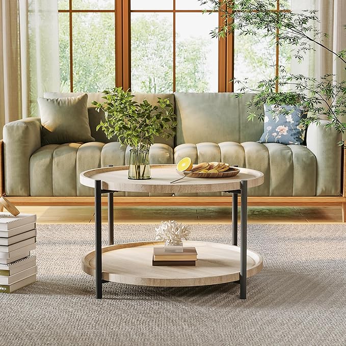 Round Coffee Table for Living Room, Rustic Wood Desktop Center Table with Sturdy Metal Legs, 2-Tier Circle Coffee Table with Storage Shelf, Small Space Center Sofa Table, Modern Home Furniture