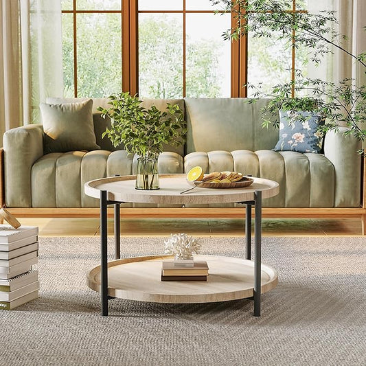Round Coffee Table for Living Room, Rustic Wood Desktop Center Table with Sturdy Metal Legs, 2-Tier Circle Coffee Table with Storage Shelf, Small Space Center Sofa Table, Modern Home Furniture