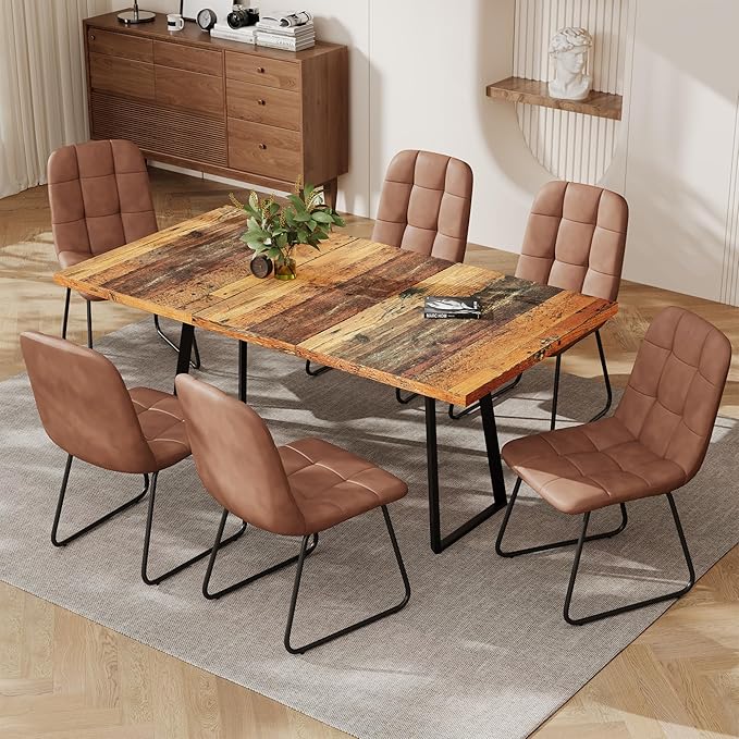 ZckyCine Extendable Dining Table Set 47"-63", Rustic Wood Table with 6 PU Leather Chairs, Modern Scandinavian Dining Room Furniture for Kitchen Apartment