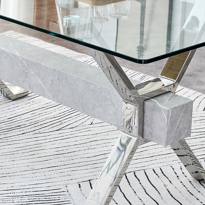 79" Glass Dining Table, Modern Kitchen Table, Modern Dining Table Set for 6, 0.5" Thick Tempered Glass Tabletop with Silver Chrome Metal Legs and Grey Crossbar, Ideal for Dining Room, Kitchen