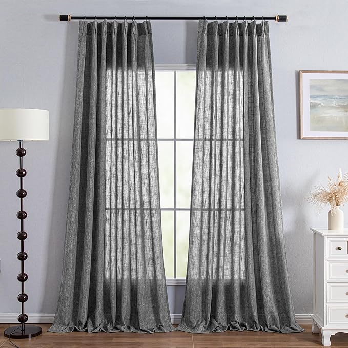 MYSKY HOME Living Room Curtains Dark Grey Semi Sheer Light Filtering Privacy Drapes Linen Look Textured Farmhouse Style, Pinch Pleated Curtain for Sliding Glass Door, 40" x 102", Dark Grey, 2 Panels