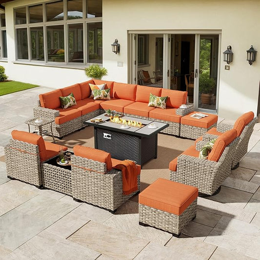 HOOOWOOO Outdoor Sectional Patio Furniture Set with Fire Pit Table,15 Pieces Wicker Conversation Sets L Shaped Couch,Extra Deep Out Door Sofa Outside Furniture with Swivel Chairs Ottomans,Brick Red