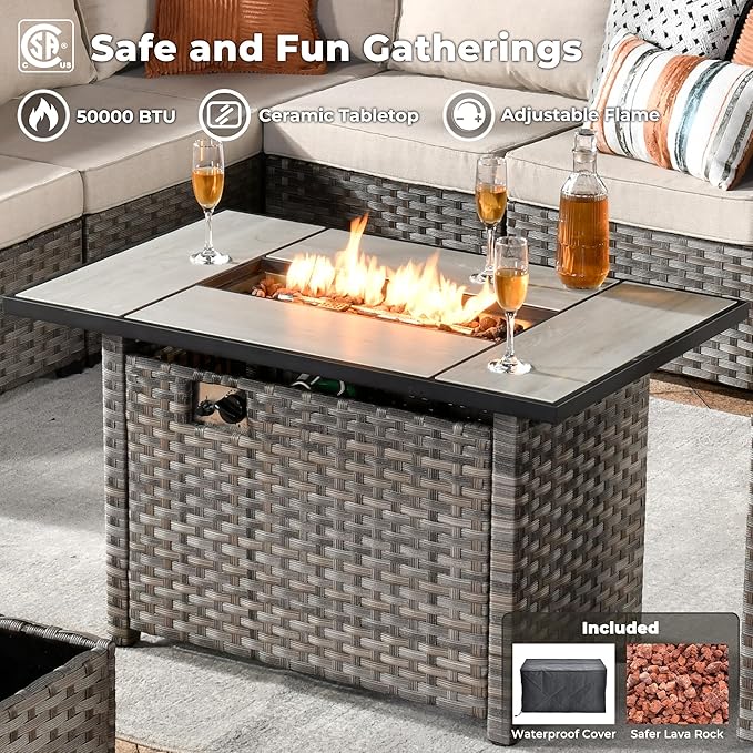 ovios 9 Pieces Patio Furniture Set, Outdoor Wicker Sectional Sofa with 42" Fire Pit Table Swivel Chair, Modern Modular Deep Seat Rattan Couch Conversation Sets, Beige