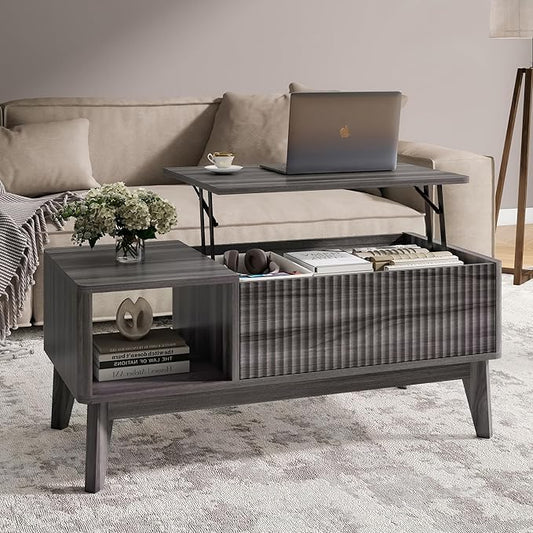LYNCOHOME Fluted Lift Top Coffee Table with Storage,Modern Center Table for Living Room, Home Office（Grey）