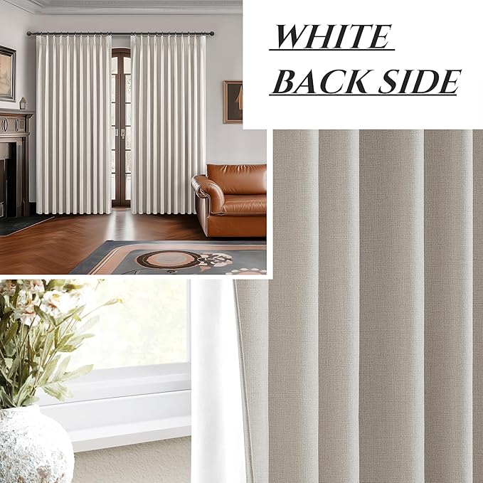 100 Inch Length Extra Wide Pinch Pleated Blackout Curtains 84 Inch Long for Living Room,Farmhouse Natural Linen Thick Burlap Heavy Duty Insulated Sliding Door Large Window Drapes(100"W x 84"Lx2Panels)